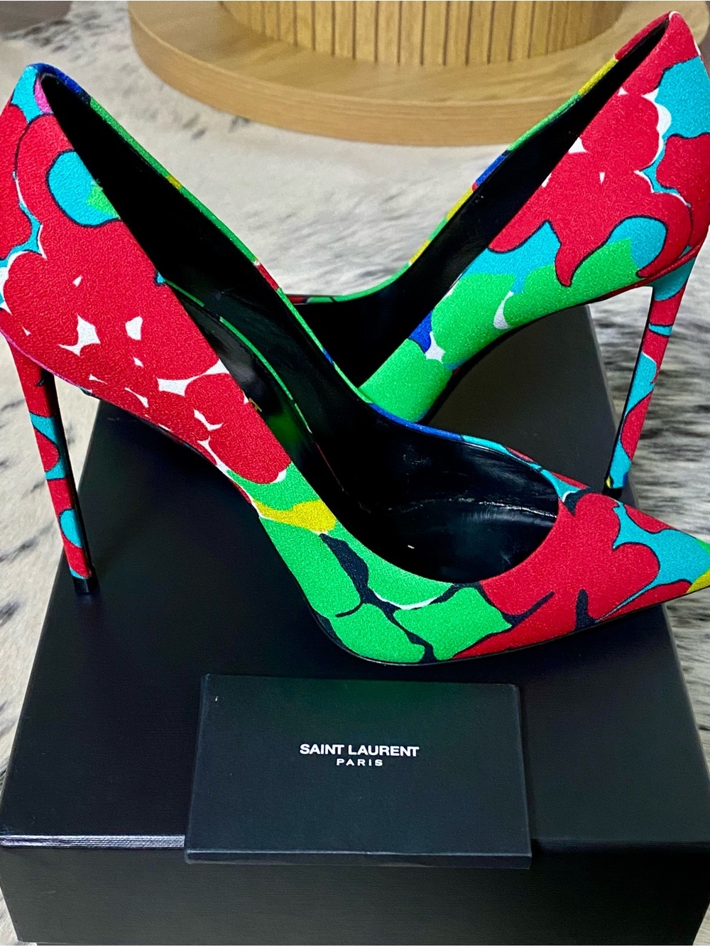 SAINT LAURENT 105MM ZOE “IBIZA”FLORAL HEELS, SZ 38.5 US/8-8.5 - Picture 6 of 11